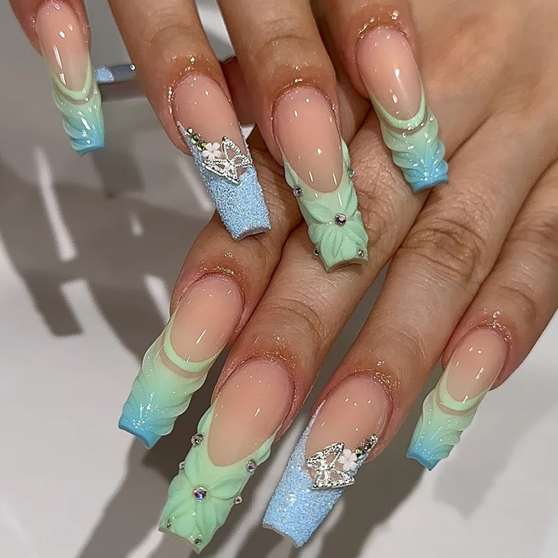 

24PCS Mermaid French Tip Nails Long Ballet Press On Nails with 3D Floral Butterflies Holographic Glitter Fake Nails for Women