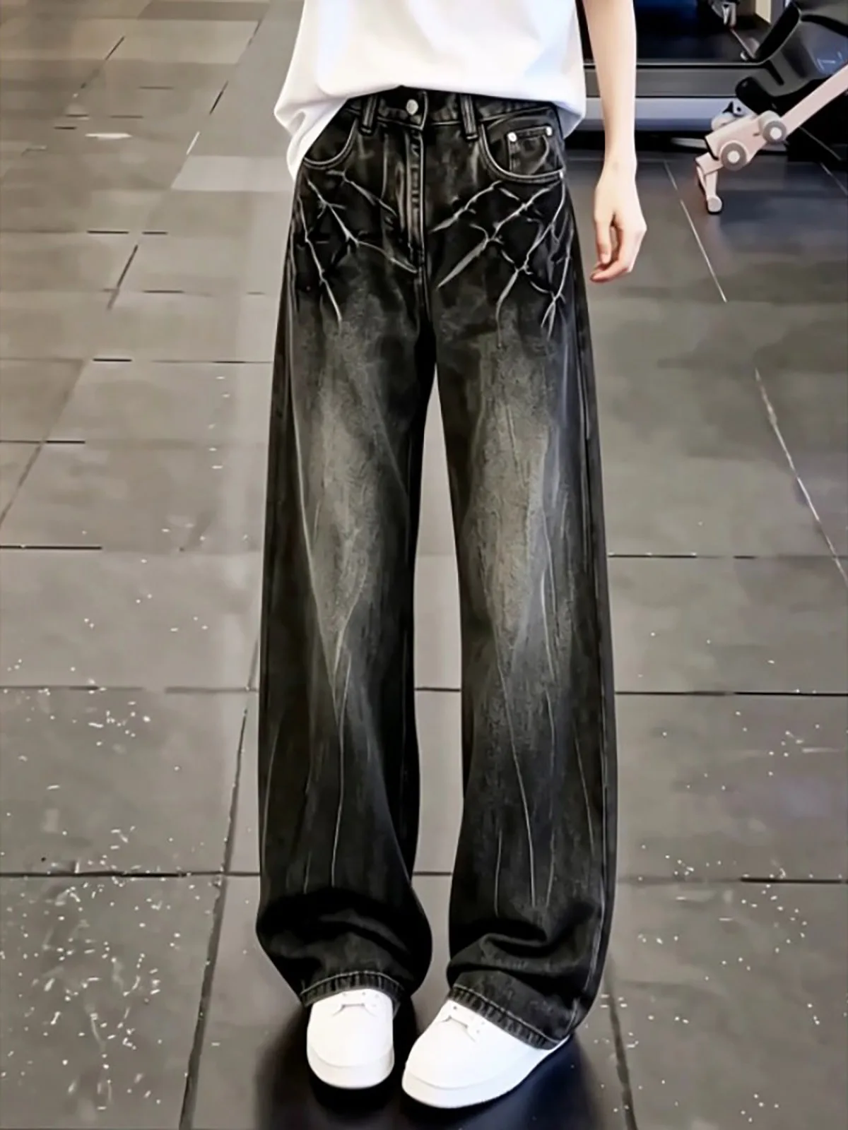 Black Grey Split Lightning Pattern Men's Jeans High Street American Style Wide Leg Elevated Straight Tube Pants
