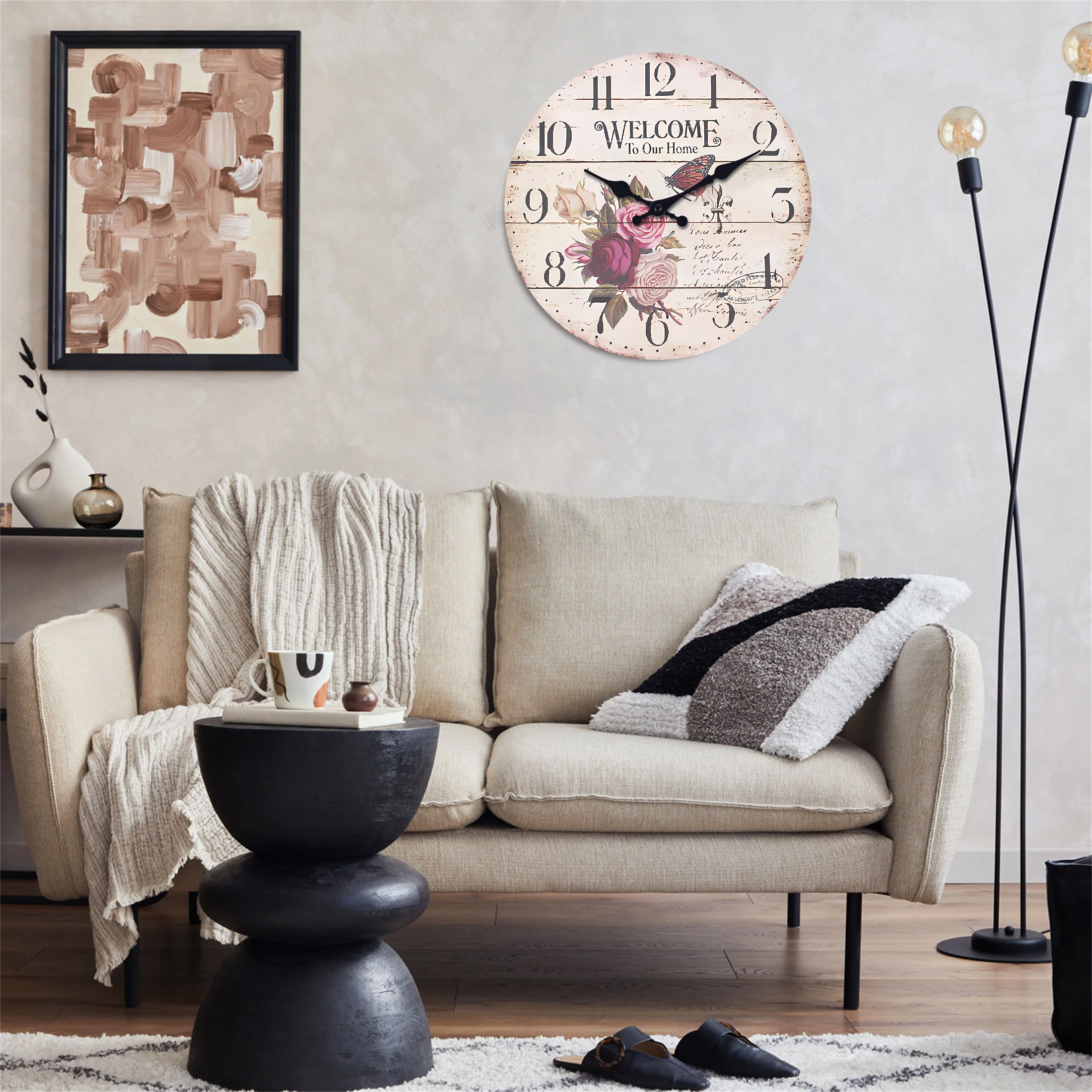 Vintage Flower Butterfly “Welcome to Our Home” Pattern Wooden Wall Clock Living Room Bedroom Kitchen Home Decor Silent Quartz Clock Holiday Gift 10-Inch 12-Inch 14inch 16inch (No Battery)