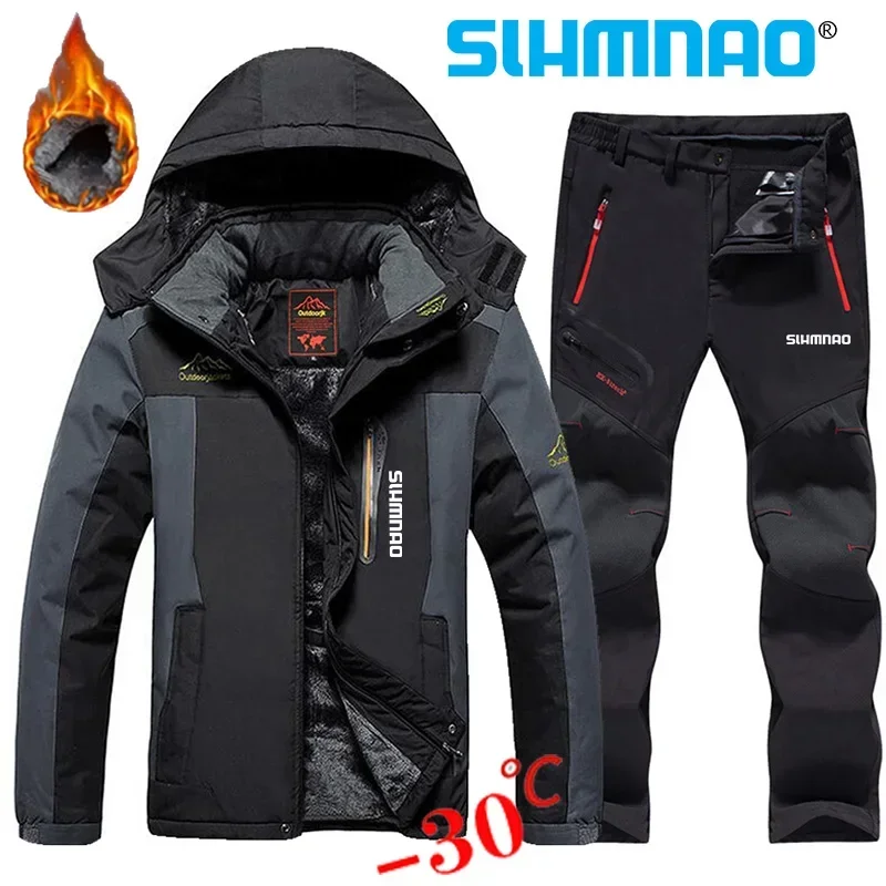 2025 Fisherman's Men's Windproof, Waterproof, Thickened Cashmere Warm Snow Jacket, Winter Skiing Jacket and Fishing Pants Set