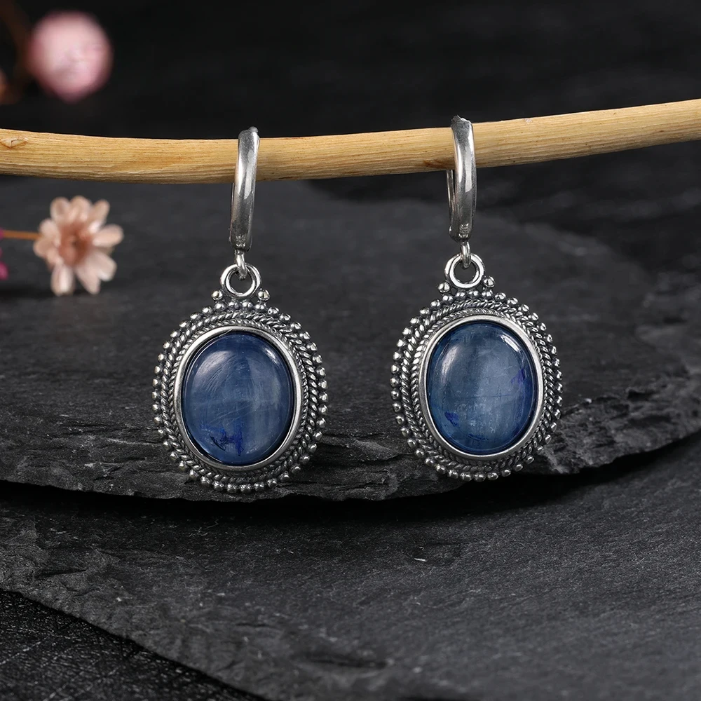 Exquisite Elegant Oval Natural Kyanite 925 Sterling Silver Earring for Women Gems Jewelry Party Engagement Gift Hoop Earrings