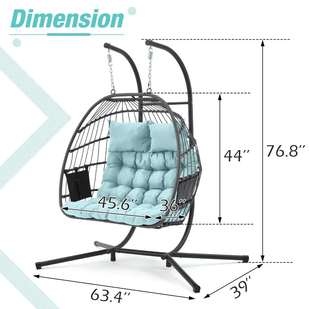 2024 New Double Rattan Swing Egg Chair with Side Pockets, Foldable Hanging Egg Chair with Stand