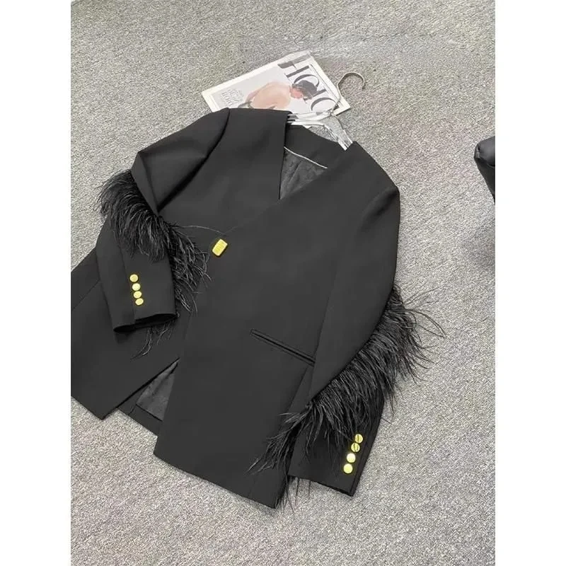 Woman Vintage V-collar Feather Tassel Stitching Blazer Coat Black Loose Suit Jacket Female Long Sleeve Fur Patchwork Outerwear