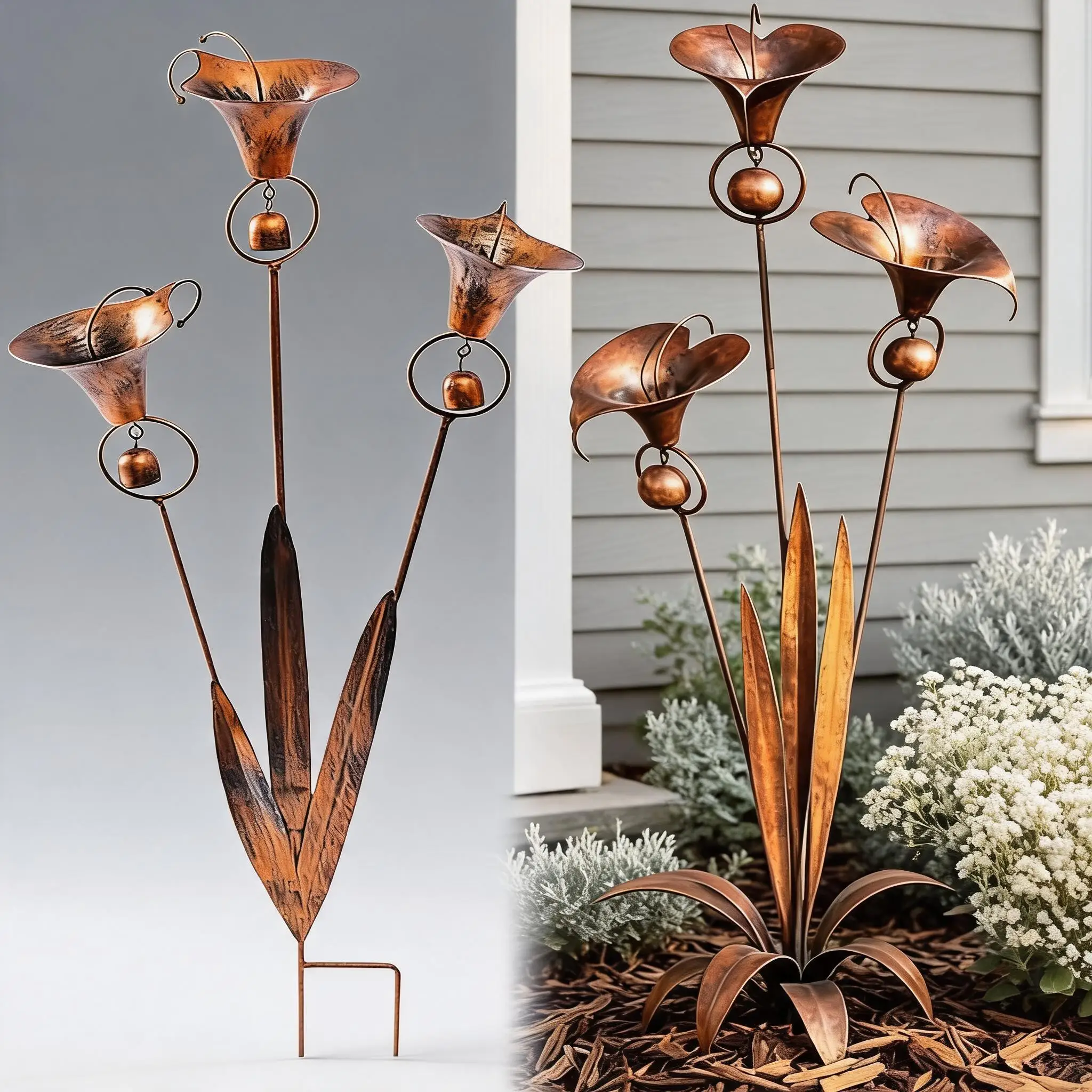Flamed Copper Three Calla Lilies Garden Stake with Bells Handmade Metal Triple Bluebells Garden Stakes Outdoor Yard Sculptures