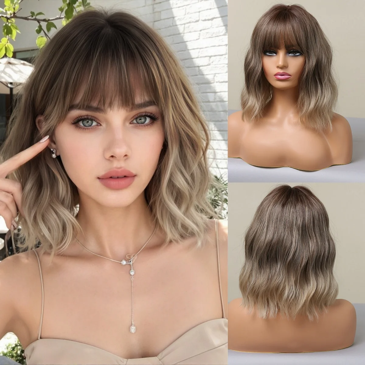 

Синтетический парик-боб с естественной волной, омбре от темно-коричневого до светло-русого с челкой, термостойкий, для женщин, для повседневной носки и вечеринок