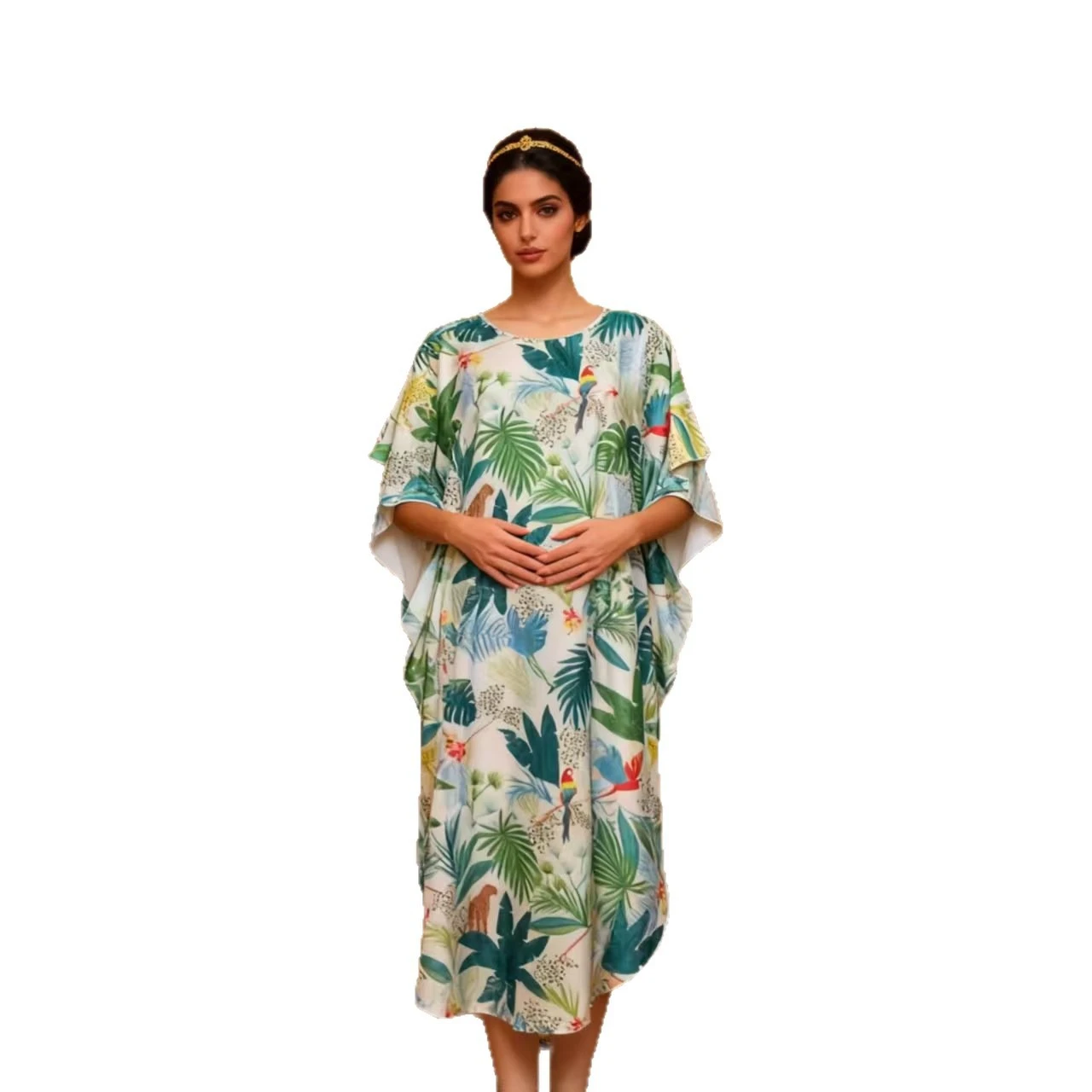 Plus Size Loose Batwing Sleeve Night Dress Women's Floral Print Nightie Short Sleeve Sleepwear Female Middle Eastern Nightgown