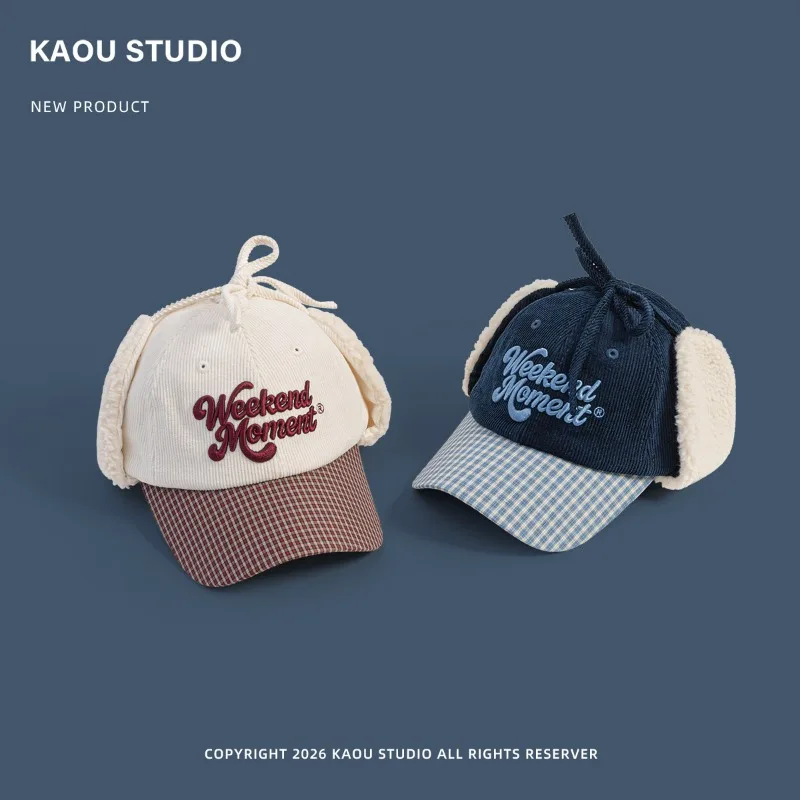 Japanese Thickened Lamb Velvet Embroidered Baseball Cap Unisex Winter Plaid Corduroy Splicing Warm Ear Protection Bomber Hats