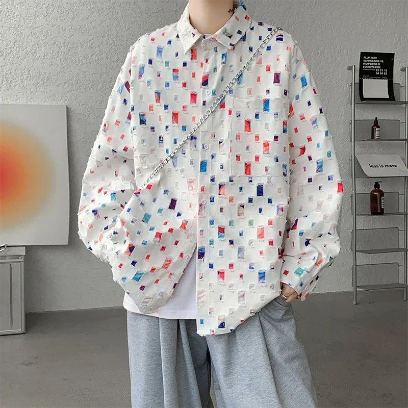 Pop Cotton Hollow Out Shirt Men Oversized Colorful Plaid Shirt Men Streetwear Loose Long Sleeve Shirt Mens Hole Patch Shirts M-3
