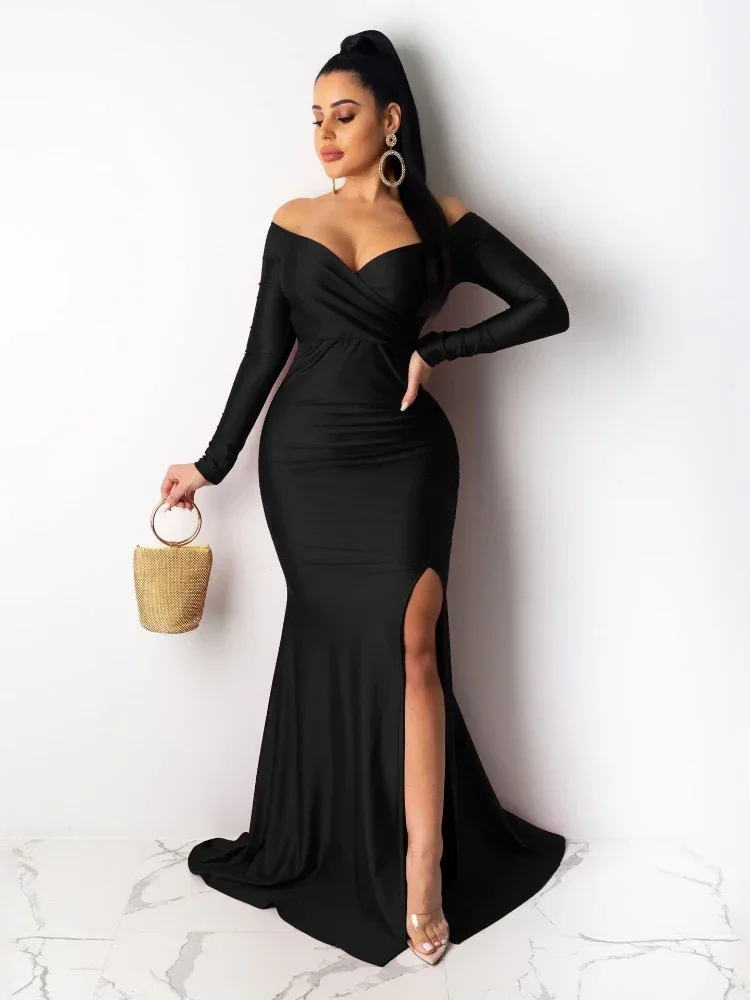 

XIZOU Autumn Winter Women Off Shoulder Plunging V-neck High Side Split Mermaid Maxi Dress Sexy Night Party Club Long Dresses