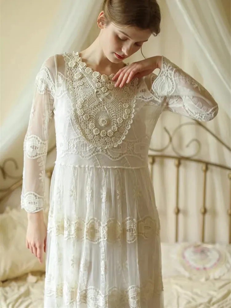 AIGYPTOS Spring Summer Dress For Women French Vintage Embroidery Lace Dress Elegant Slim Long Sleeve Victoria Mid Length Dress