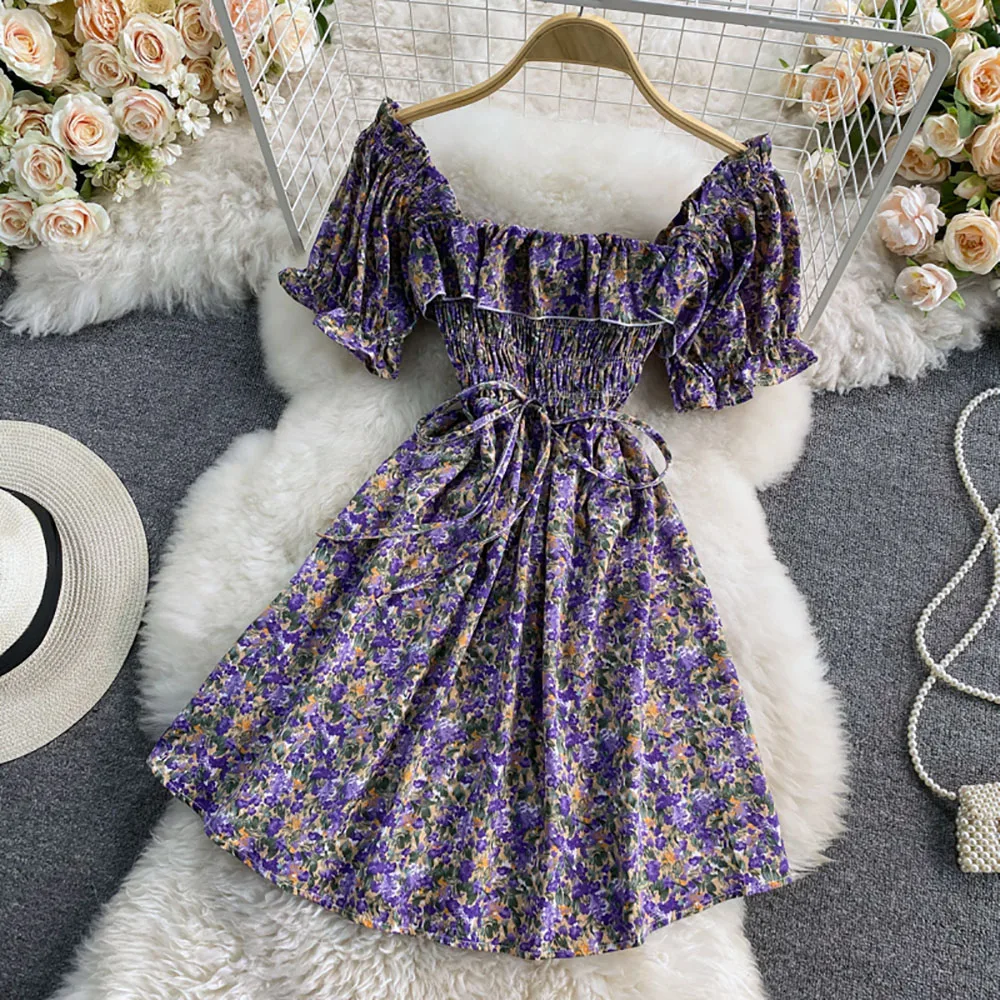 

Summer New Women Dresses French Style Square Collar Puff Sleeve Floral Print Dress Fashion Ruffles Lace-up Beach Dress