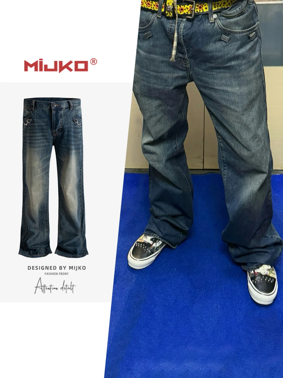 MIJKO Metal Buckle Straight Leg Slight Flare Washed Blue Jeans TJ194