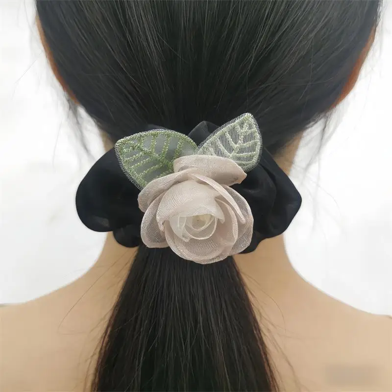 

Chic Organza Floral Scrunchies Satin Hair Ties Elegant Rose Hair Accessories for Women No Crease Scrunchies for Wedding Party