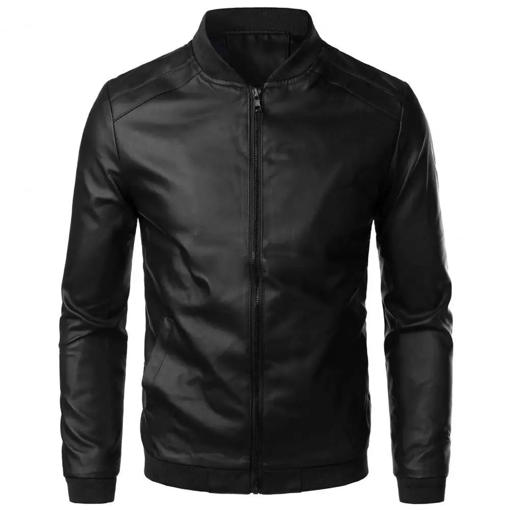 Men Autumn Causal Vintage Leather Jacket Coat Men Spring Outfit Design Motor Biker Pocket Smooth Faux Leather Jacket Men