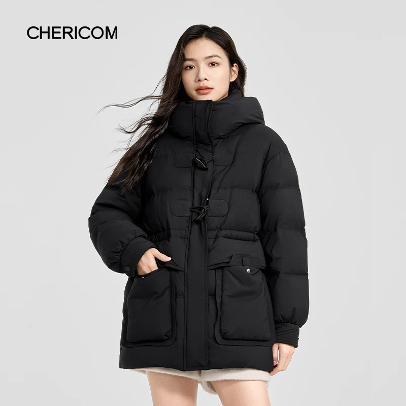 

Chericom Hooded Down Jacket Horn Buttons Large Pockets Winter Down Jackets Waterproof Thickened Warm Woman's Outerwear Y308120Y