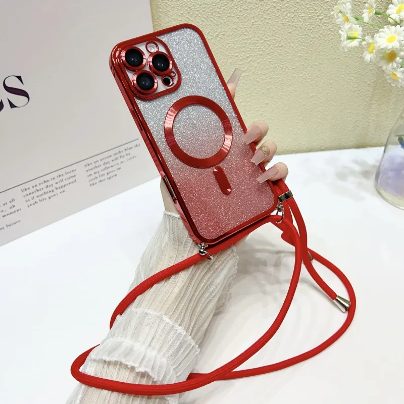Magnetische Schutzhülle mit Trageriemen für Samsung S25 Ultra Galaxy S24 FE S21 S26 S22 S23 Plus A56 Kabellose Glitzer-Beschichtung Crossbody Lanyard Cover – Detail 14