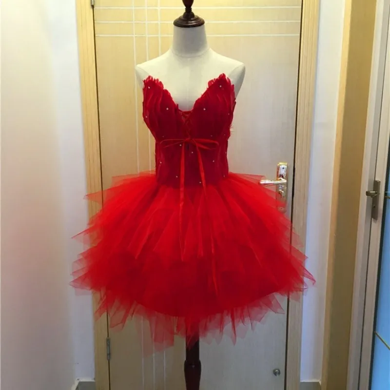 

UM325 Red Black White Short Prom Dresses Women Girl Feather Tulle Mesh Net Birthday Evening Party Cocktail Dress Ballet Gown