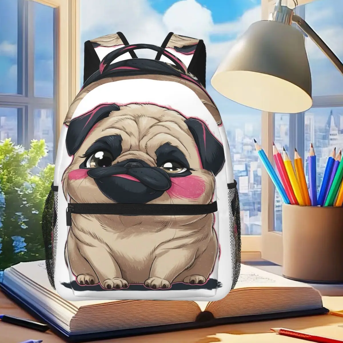 

Lovely Puppy Cute Pug Dog Backpack Student Boys Girls BookBag Kids School Bag Laptop Shoulder Bags for Men Women
