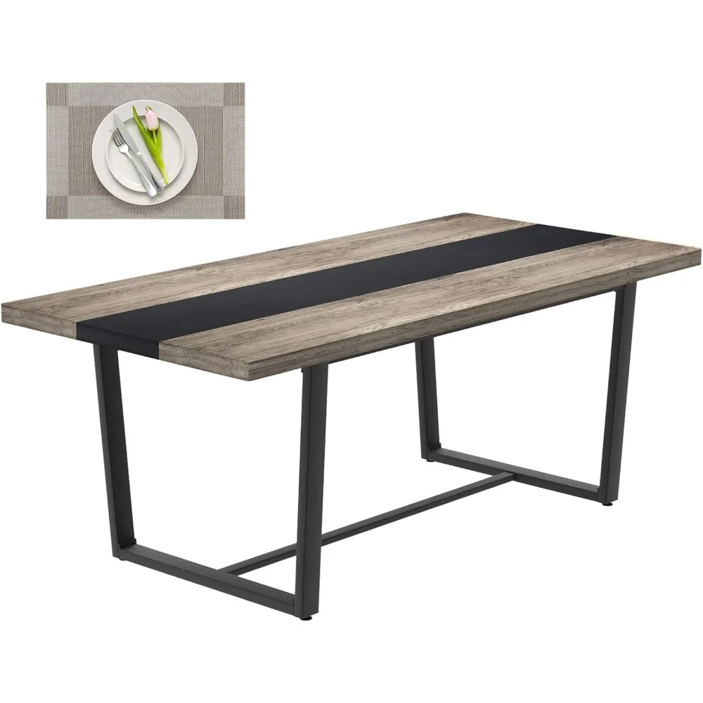 Grande table queen pour salle à manger, table rectangulaire, cuisine moderne, longue, noir et gris, conférence industrielle, 71 po, 6 pi, 6 places, 8 places