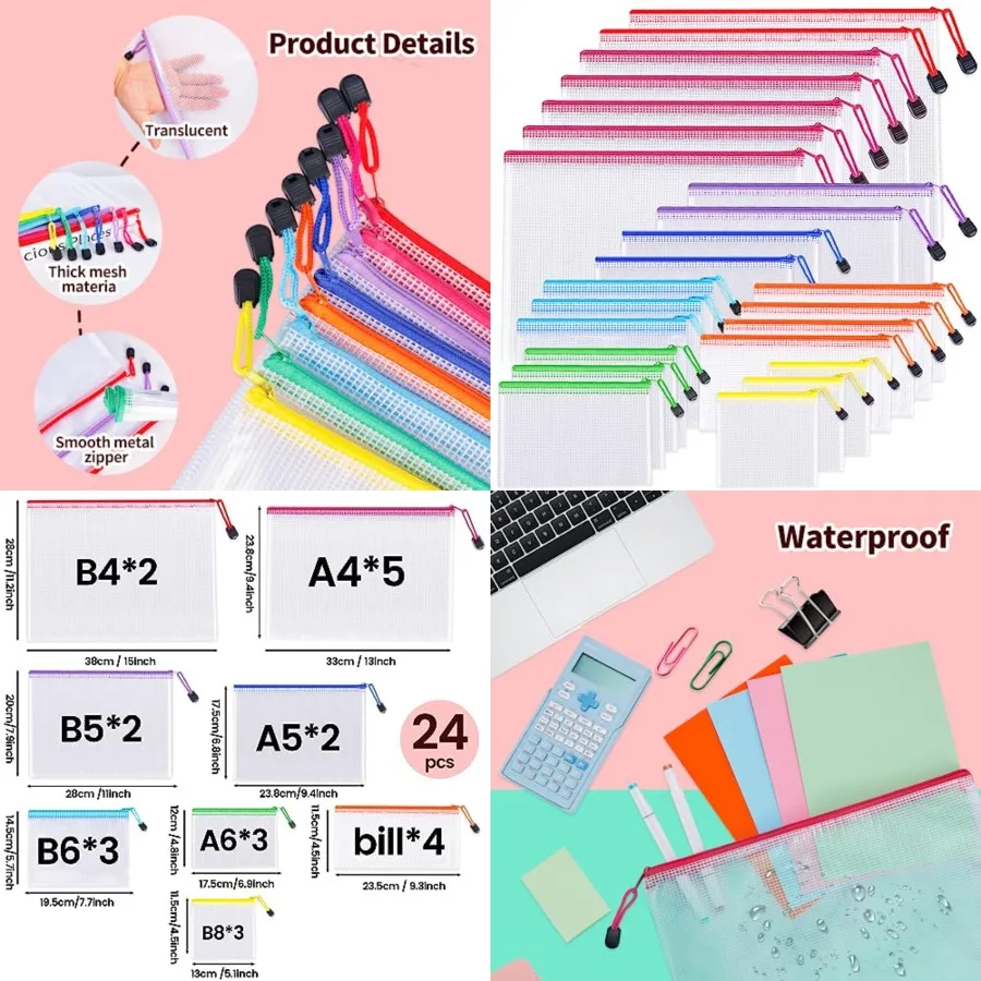 

24pcs Mesh Zipper Pouch Bags - 8 Sizes Waterproof Clear Travel Pouches with Zipper for Organization Ideal for Office Supplies M