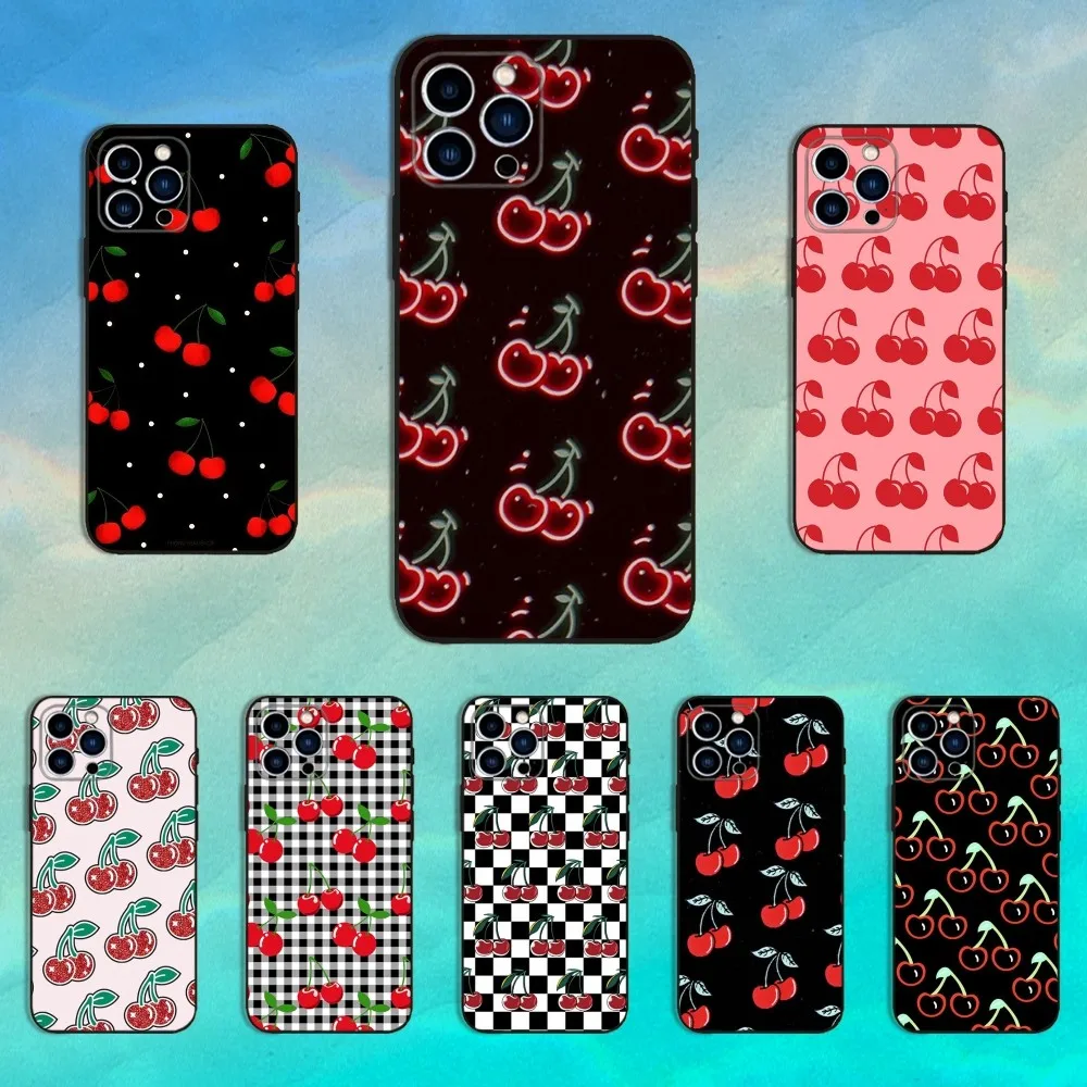 

Retro Art Cute Cherries Phone Case For iPhone 16,15,14,13,12,11 Plus,Pro Max,XS,X,XR,SE,Mini,8,7,Soft Silicone Black Cover