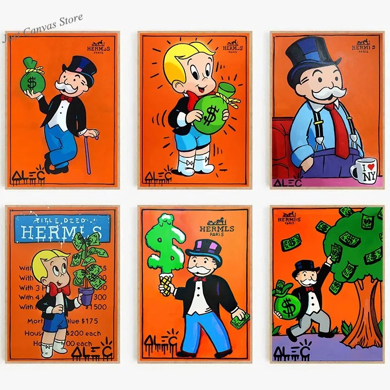 Cartoon Alec Monopol Kunst Poster Leinwand Malerei große Richie $ Taschen Luxus Wand kunst Bilder für zu Hause Wohnzimmer Dekoration