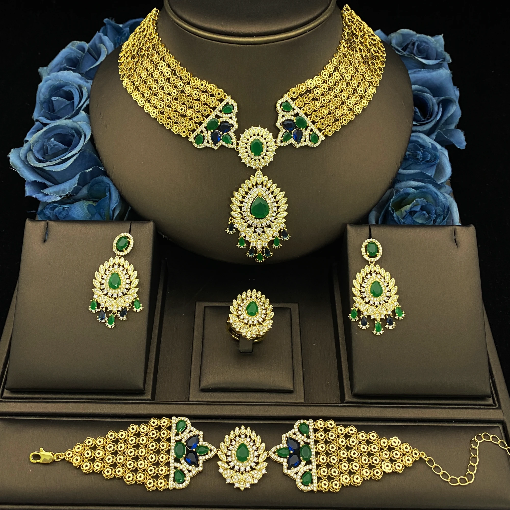 

JRH Gift Box Jewelry Set 4 Pcs Gold Plated CZ Necklace Earrings Bracelet Ring Bride Bridesmaid Gift Box Luxury Women's Matching