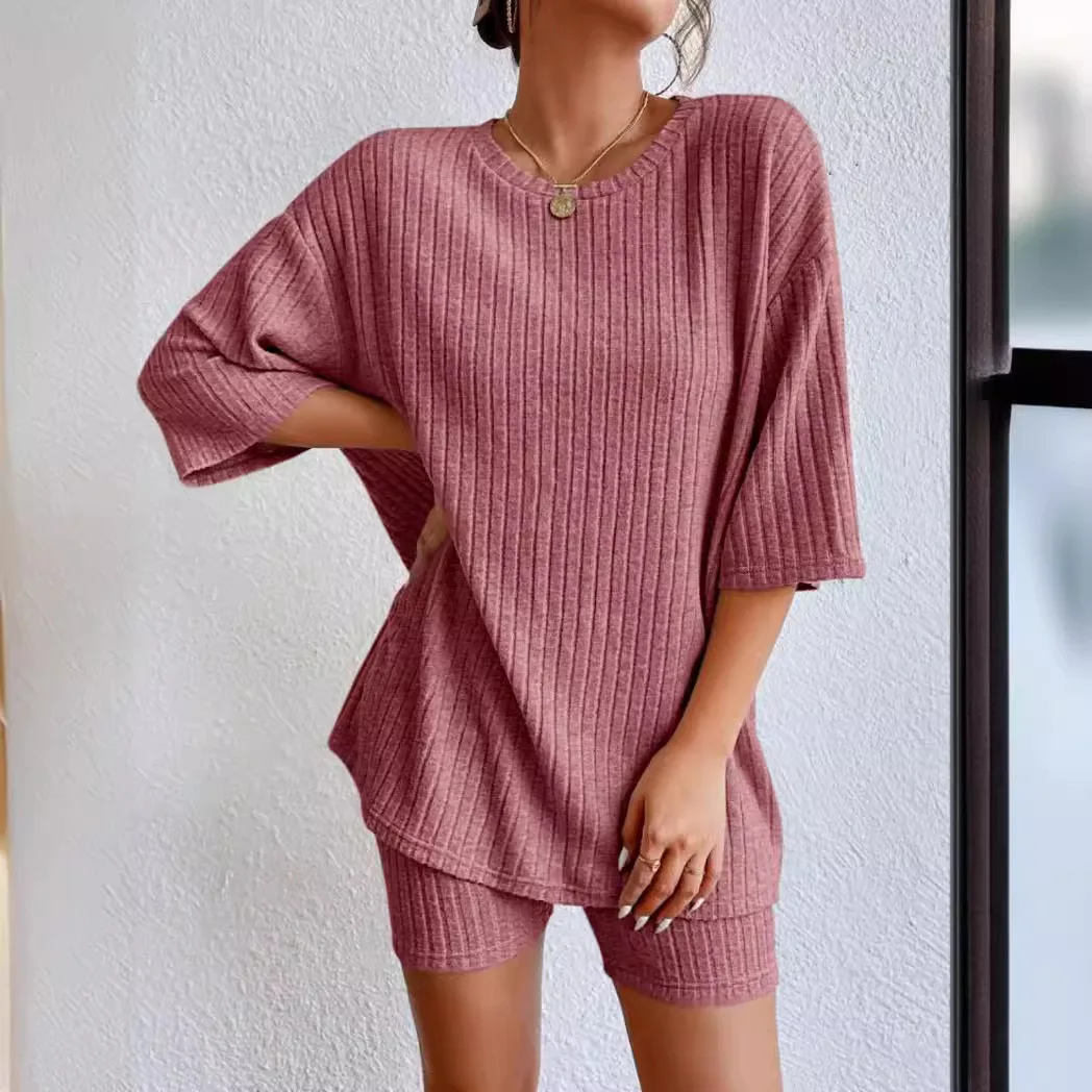 Summer New Women\'s Vacation Fashion Casual Suit Solid Color Spring Round Neck Loose Shorts Suit