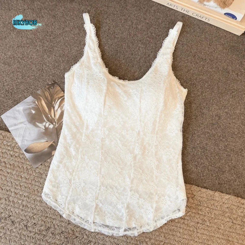 

Mesh Flower Slim Lace Crop Top Sweet Spicy Girls Style Girl's Vest Top Slim Fit Bottoming Shirt Camisole with Pads Women