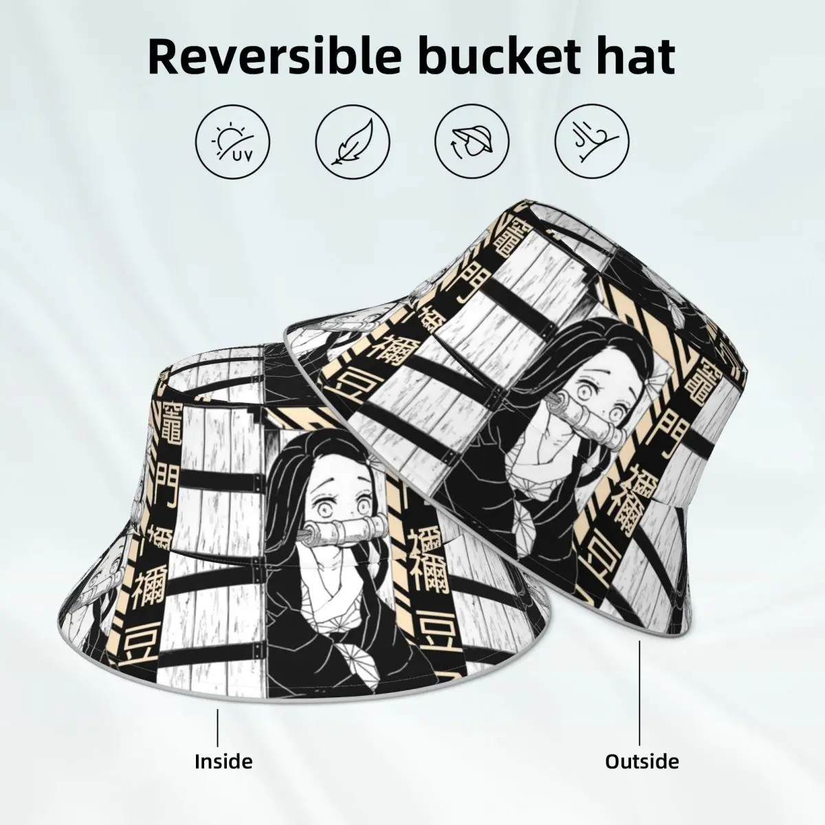 Nezuko Kamado Demon Slayer Bucket Hat Kimetsu no Yaiba Man Woman Beach Fisherman Hats Reversible Classic Reflective Sun Hat