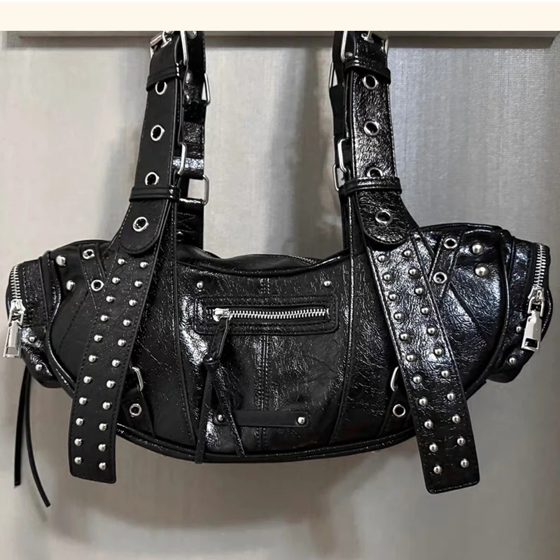 

Moto & Biker Underarm Bags For Women Luxury Designer Handbag And Purse 2026 New In PU Oil Waxed Riveted Belt Buckle Y2K Shoulder