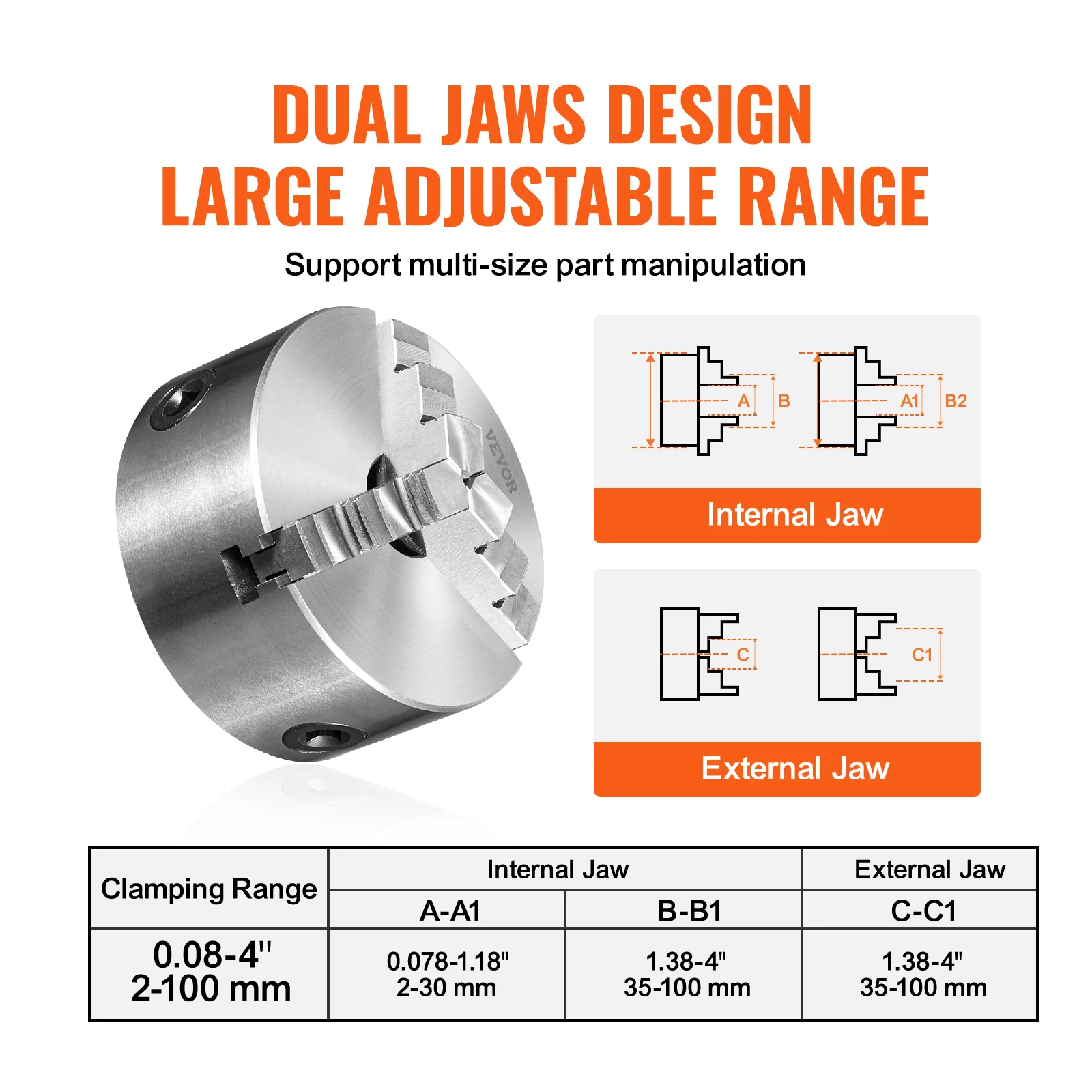 VEVOR 3-Jaw Lathe Chuck 100/125/160/200/250 mm Self-Centering Lathe Chuck Multiple Clamping Range for Lathe 3D Printer Machining