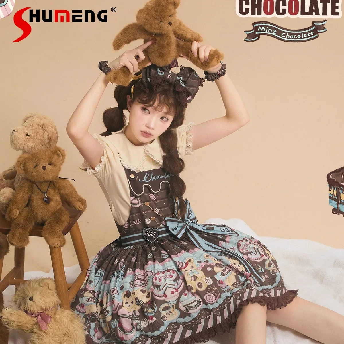 

Original Sweet Lolita Kawaii Dress JSK Summer Japanese Girls Cute Bow Bear Print Sleeveless Mini Dress Lo Daily Birthday Dress