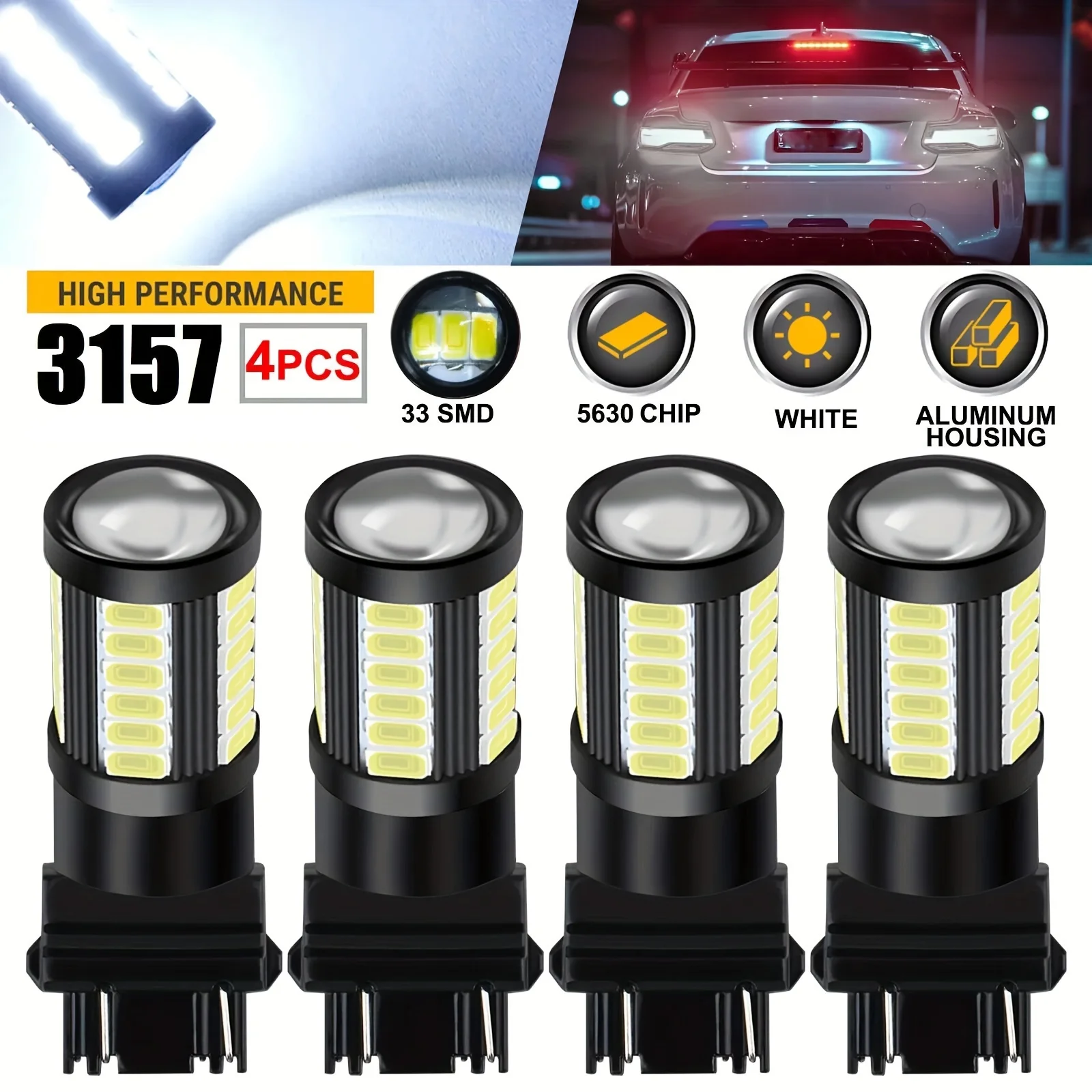 4pcs 3157 LED Reverse Tail Brake Stop Turn Signal DRL Light Bulb 6500K White