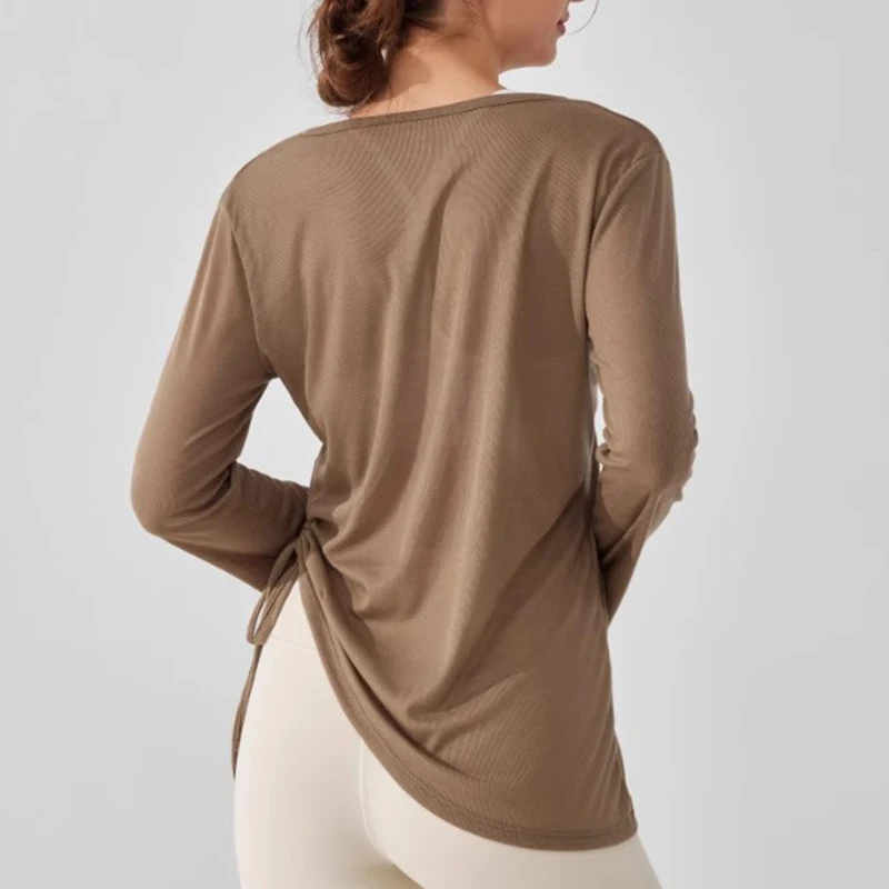 Women's Lightweight Loose Long Sleeved Hooded Top Hip Covering Irregular Drawstring Sports Fitness Casualwear