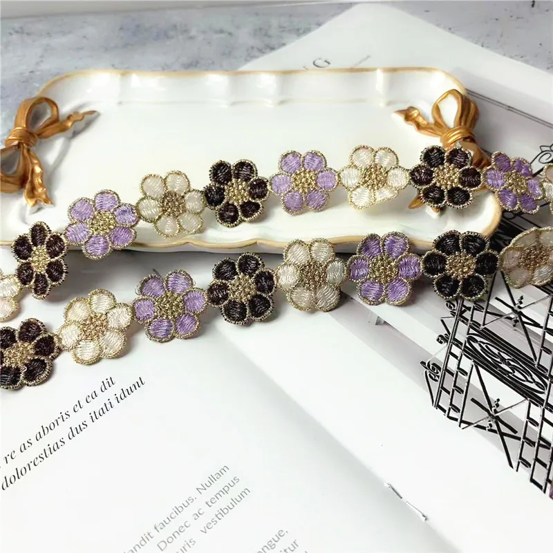 2CM Wide Luxury Polyester Embroidered Colored Flowers Lace Trim Ribbon Dress Collar Headwear Hats Bags Clothing DIY Sewing Decor