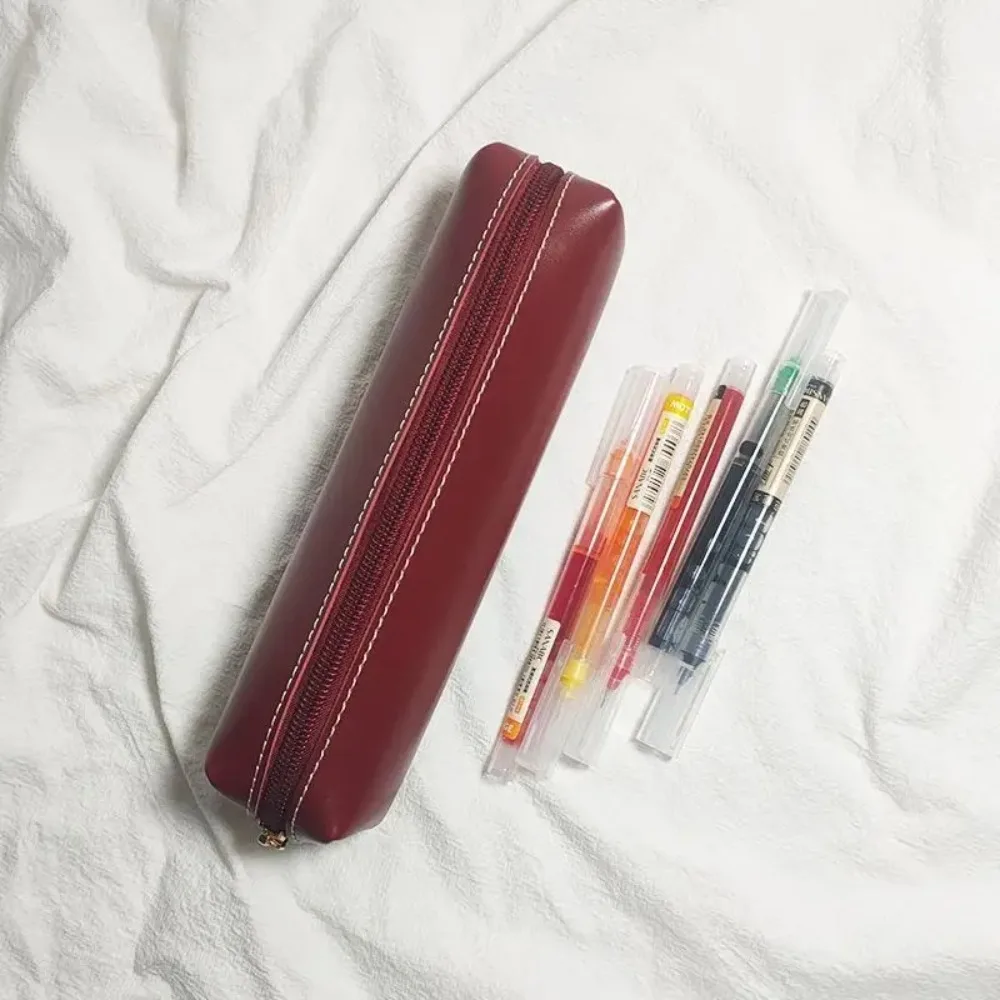 Trendy Portable Pencil Case Solid Color Small Size Stationery Box PU Simple Design Pen Bag School Office Use