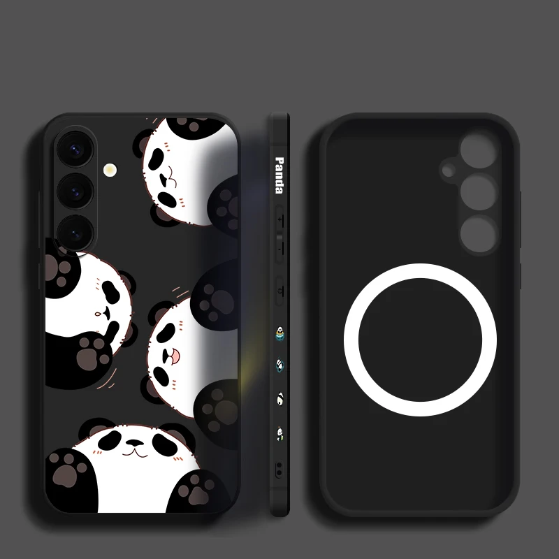 Cute Baby Panda Print Case For Samsung Galaxy S26 S25 Ultra S24 S23 FE S22 Plus S21 Built-in Metal Plate Magnetic Silicone Cover