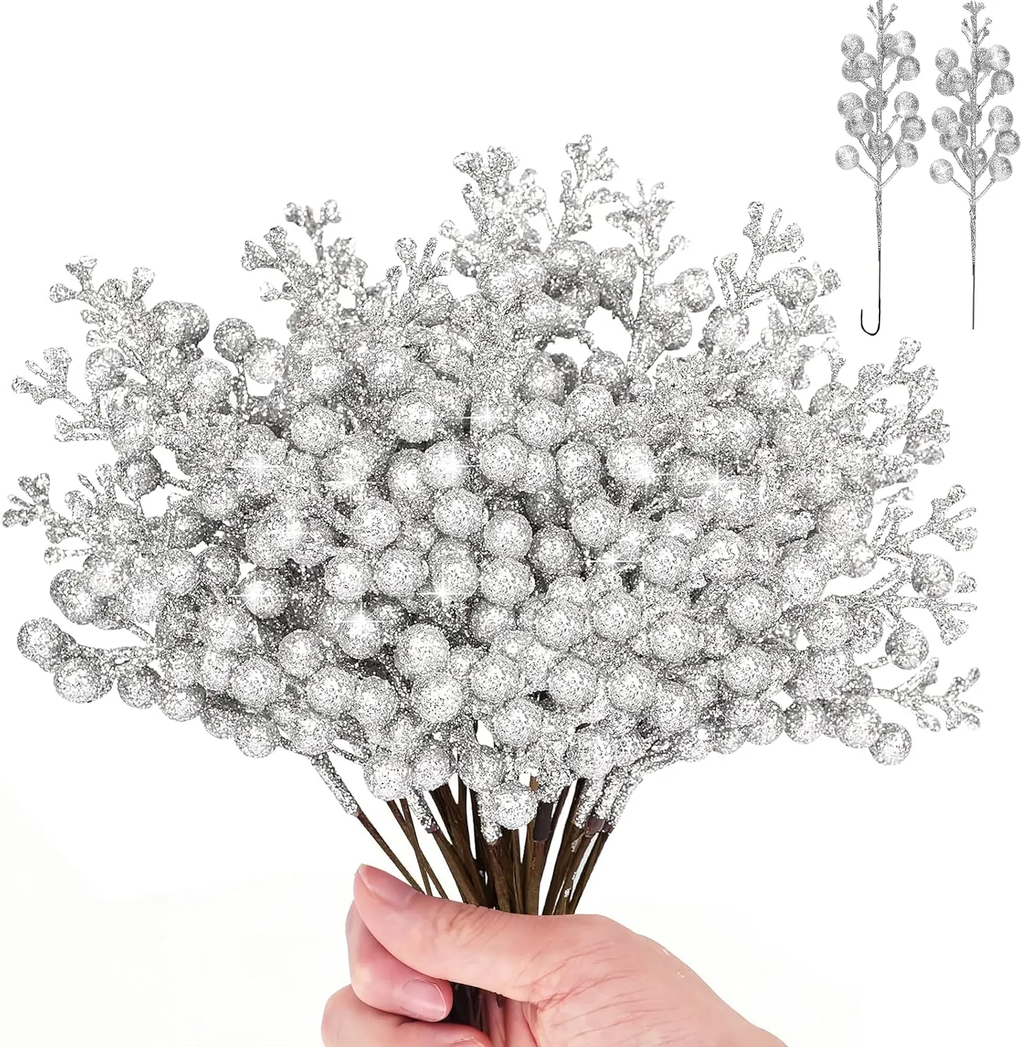 

20 шт. серебряные елочные украшения, 8,3-дюймовые блестящие стебли ягод для домашнего декора