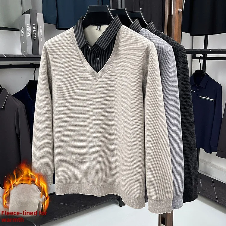 

Men's Winter Thiened Fce Lined Knitted Sweater Casual Sle Double Layered Look Warm Comfortable Knit Base irt