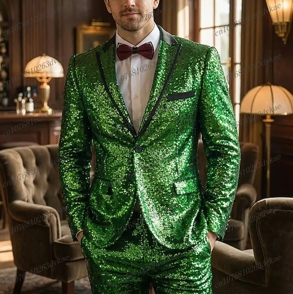 

Новый зеленый мужской костюм с пайетками для свадьбы, вечеринки, торжественных мероприятий, жениха, шафера, выпускного, деловых встреч, мужской смокинг, комплект из 2 предметов: пиджак и брюки
