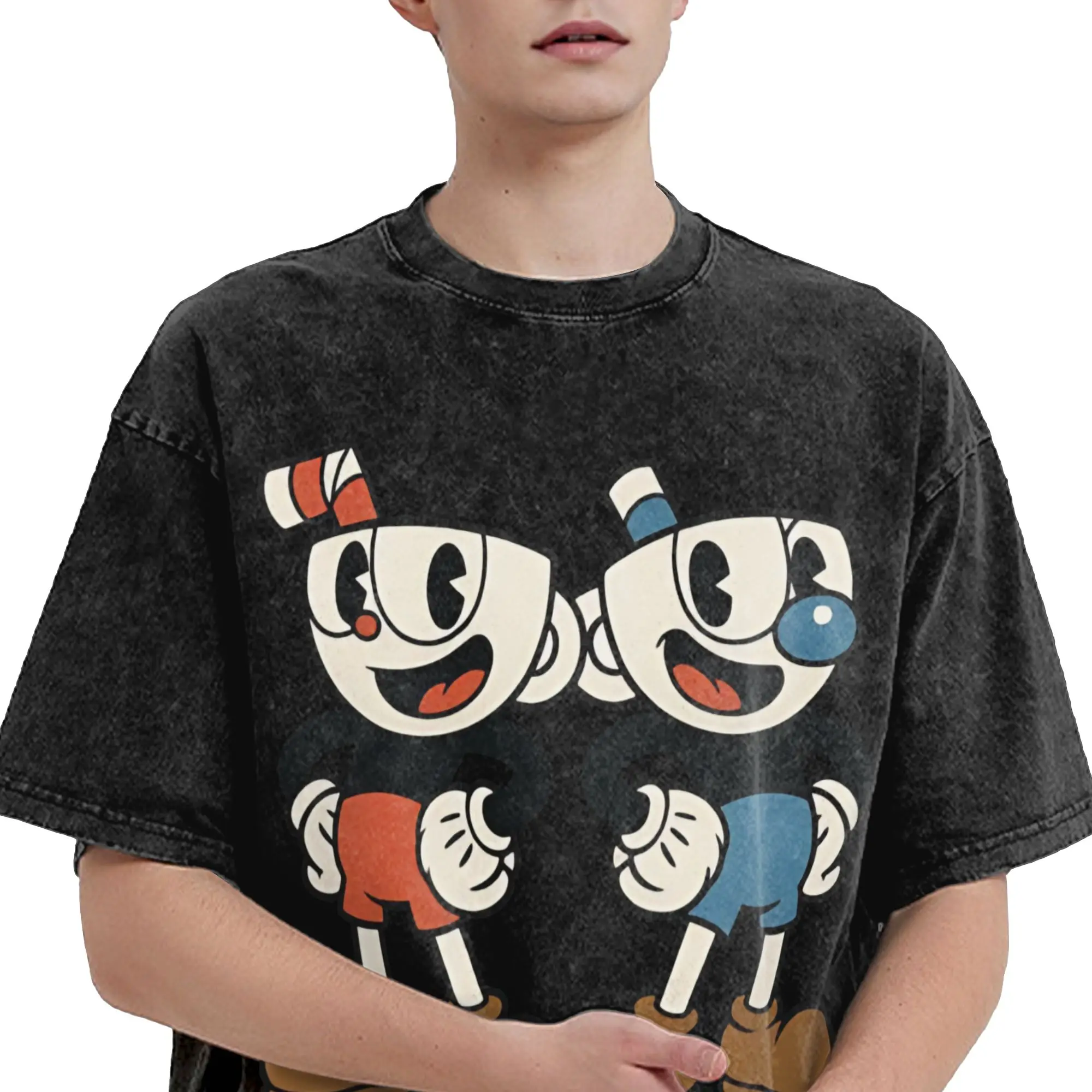 Harajuku Washed Shirt Cuphead and Mugman cup mug Vintage T Shirt High Street  Streetwear Short Sleeve Printed Tops Tees