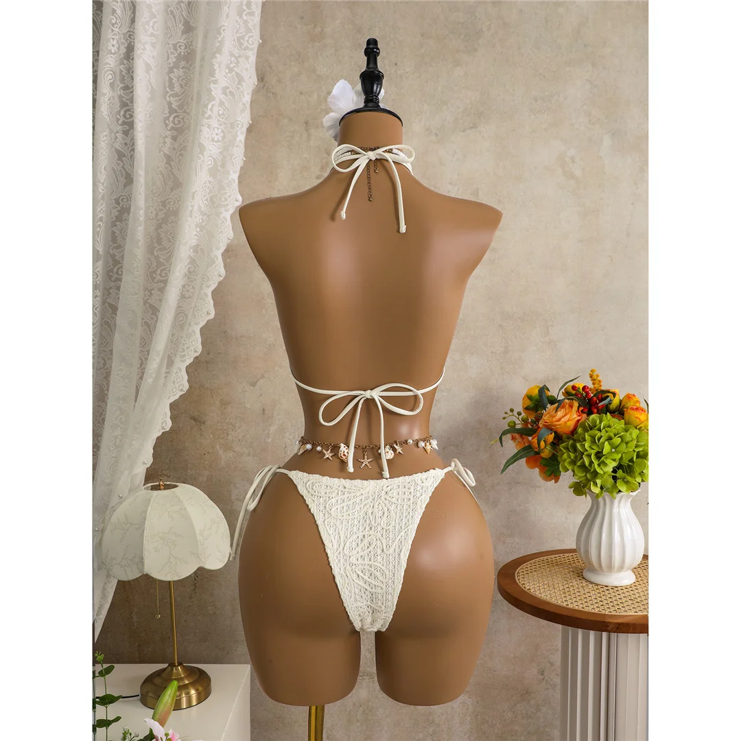 Mit Sarong-Halterneck-Bikini, bedruckter Bikini, Damen-Badebekleidung, dreiteiliges Bikini-Set, gepolsterter Badeanzug, Badebekleidung, Badeanzug, Modell V8073. – Detail 12