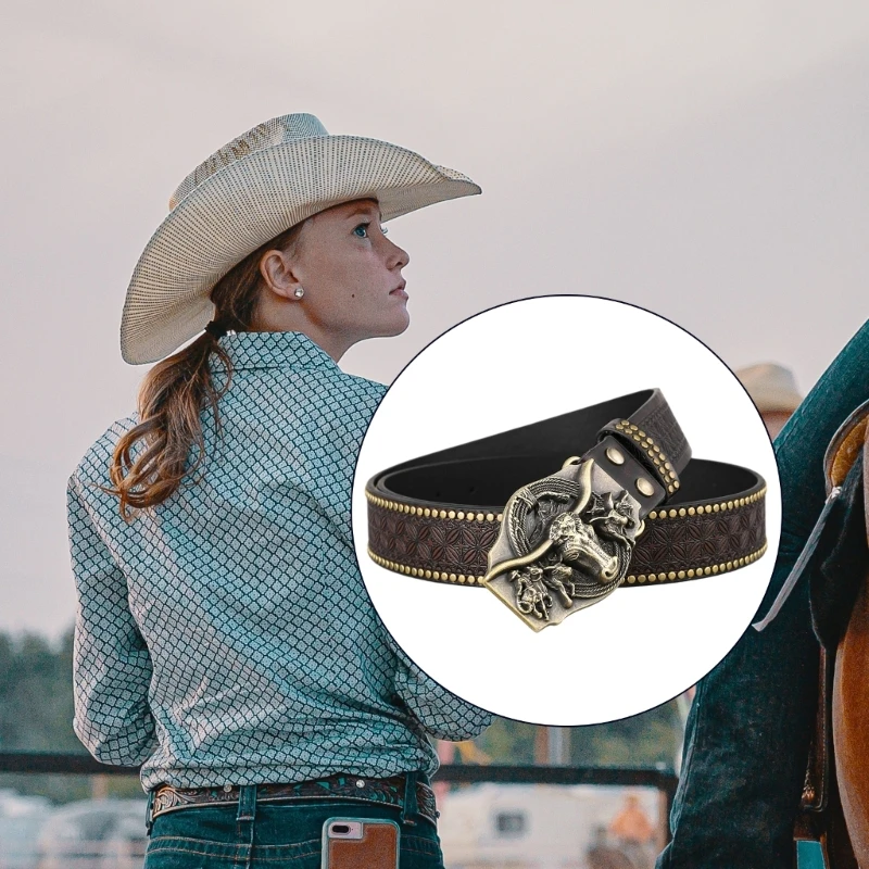 D0UB Western Cowboy Leathers เข็มขัด Vintage รูปแบบดอกไม้แกะสลักเข็มขัดสำหรับชาย PU Leathers กางเกงยีนส์เข็มขัด