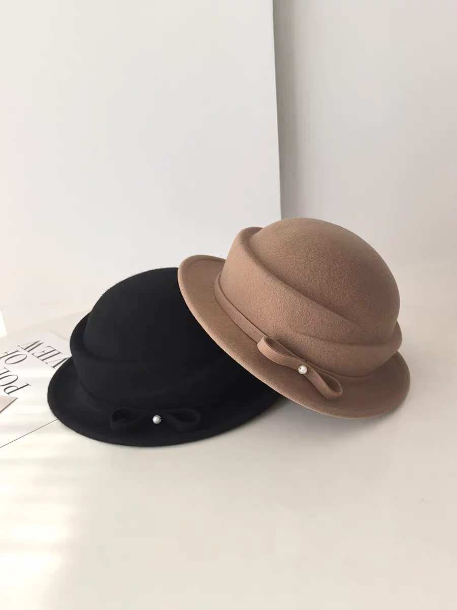 جديد 100% قبعة صوف جرس قبعة المرأة الفرنسية أنيقة الرجعية هيبورن الخريف والشتاء المشاهير اللؤلؤ الصوف ورأى قبعة بحافة #6