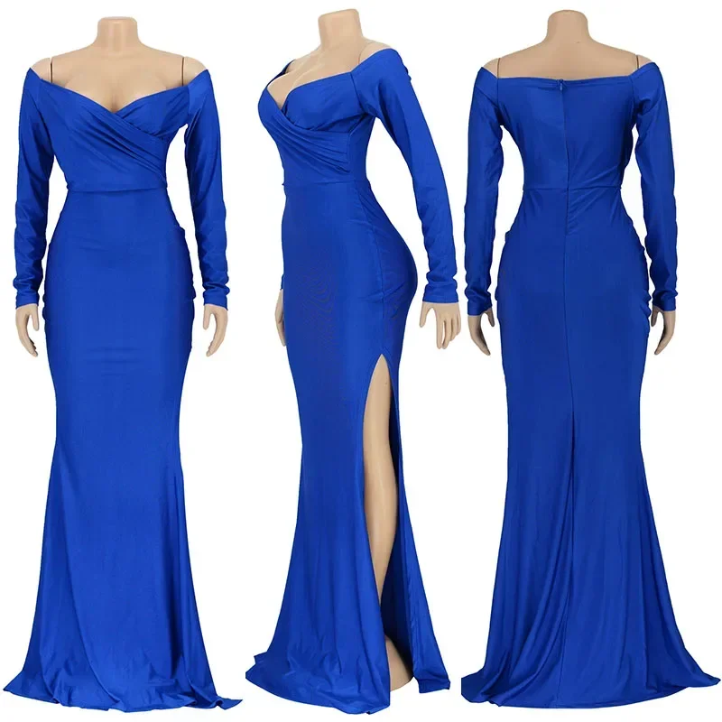 女性のための裸の肩を持つマーメイドドレス,スラッシュカラー,マキシ,ナイトクラブ,フォーマル,長袖,有名人,セクシー