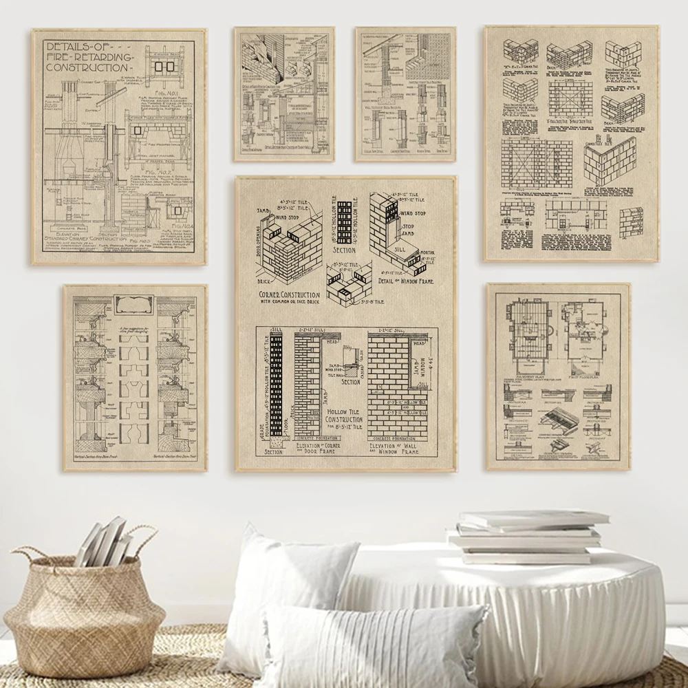 Vintage Architecture Drawings Poster Prints House Plan Pictures  Architect Gift Office Wall Art Decoration Canvas Paintings