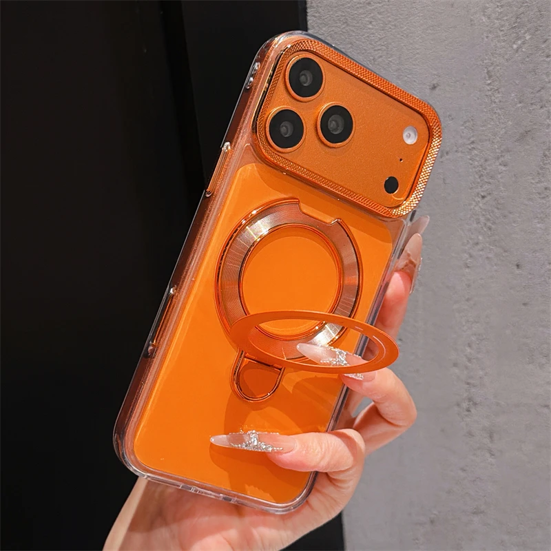Modische 2-in-1 Galvanisierte Klappbare Magnetische Ringständer-Hülle für iPhone 17 16 15 14 13 Pro Max Transparente Stoßfeste Hartschale