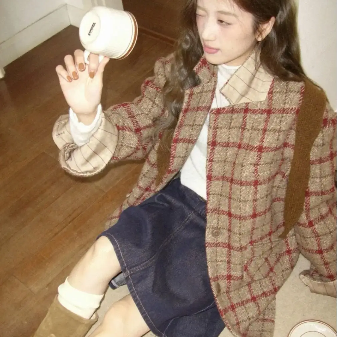 

Korea Retro Plaid Stitching Suit Coat 2024 Autumn Winter Female Niche Design Temperament Joker Coat