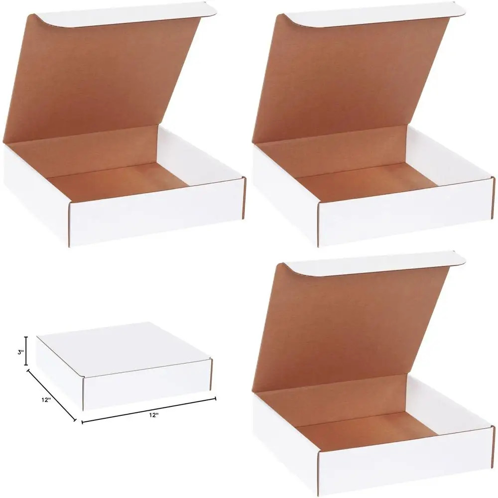 

12x12x3 Large White Corrugated Cardboard Mailers, 50-Pack, Tuck Top One-Piece Shipping Boxes